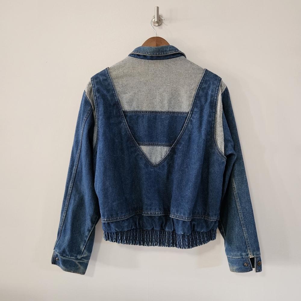 Vintage 80's 90's Denim Patchwork Distressed Bomber Jacket Large - Picture 3 of 11